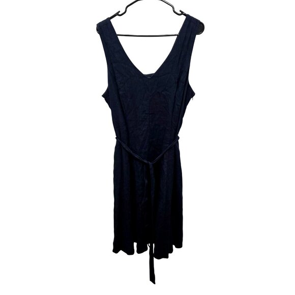 Lands' End Linen Sleeveless V-Neck Midi Dress Tie Waist Navy Blue Women's Size 1 - Picture 1 of 8